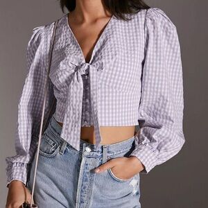 Maeve by Anthropologie Purple Gingham Buttonup Bow Long Sleeve Top size 4